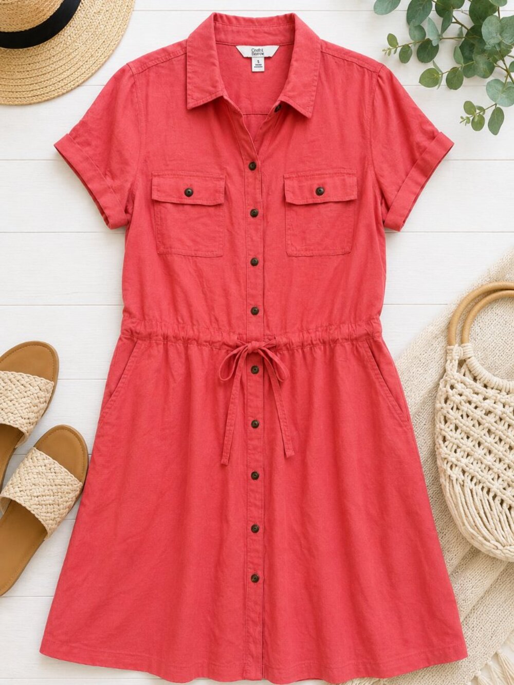 Croft & Barrow Small Coral Button Front Shirt Dress with Pockets